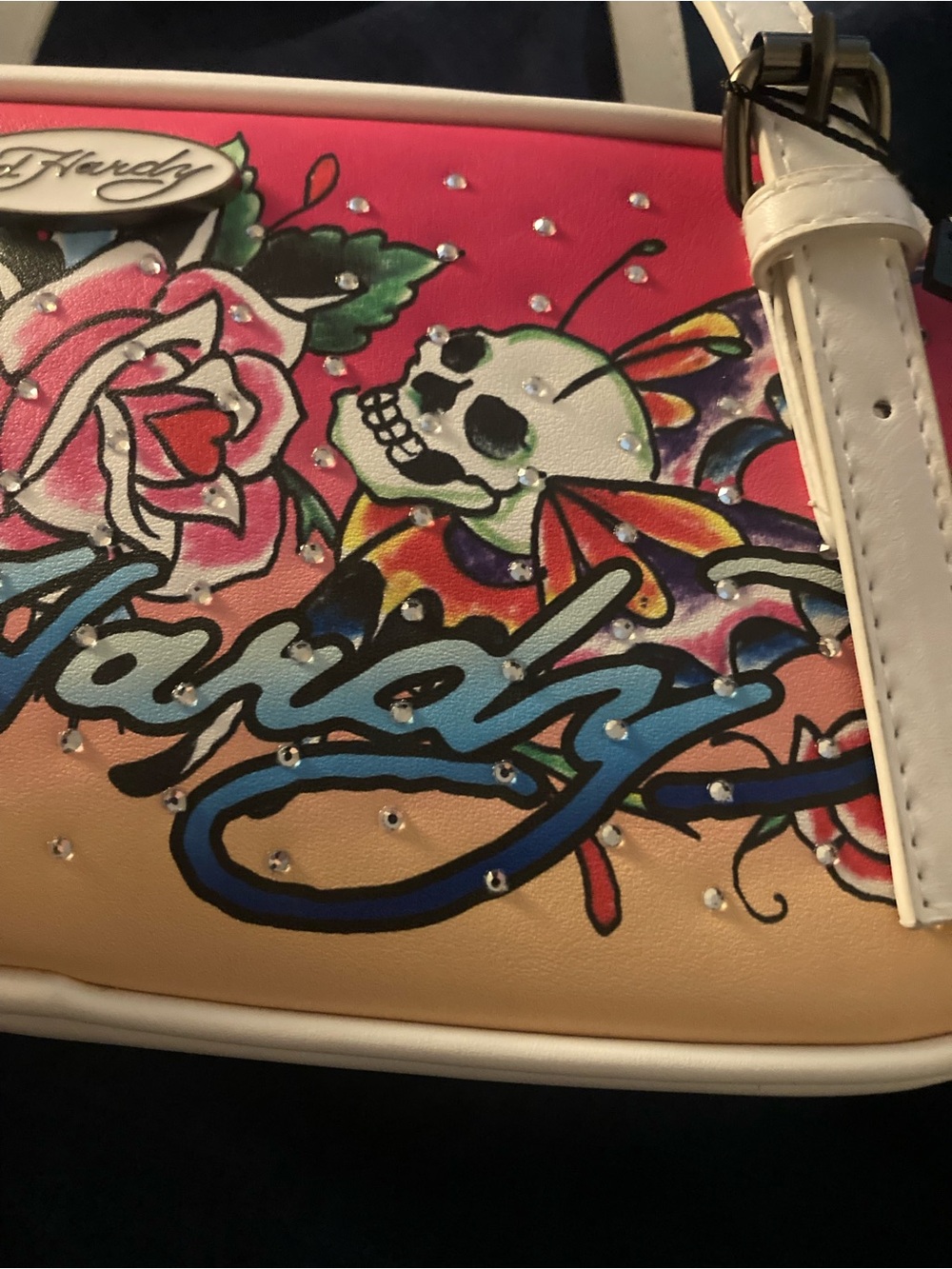 Ed Hardy White Shoulder Bag with Pink and Peach Tattoo Print - Picture 2 of 13